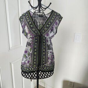 Flourish Black/Green/Purple Floral Summer Sheer Blouse Woman's Size Medium